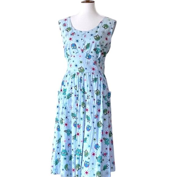 Lindy Bop UK 14 Dress Retro Plus 50s Pinup Cotton Stretch RARE Atomic Owls 40s - Picture 1 of 11